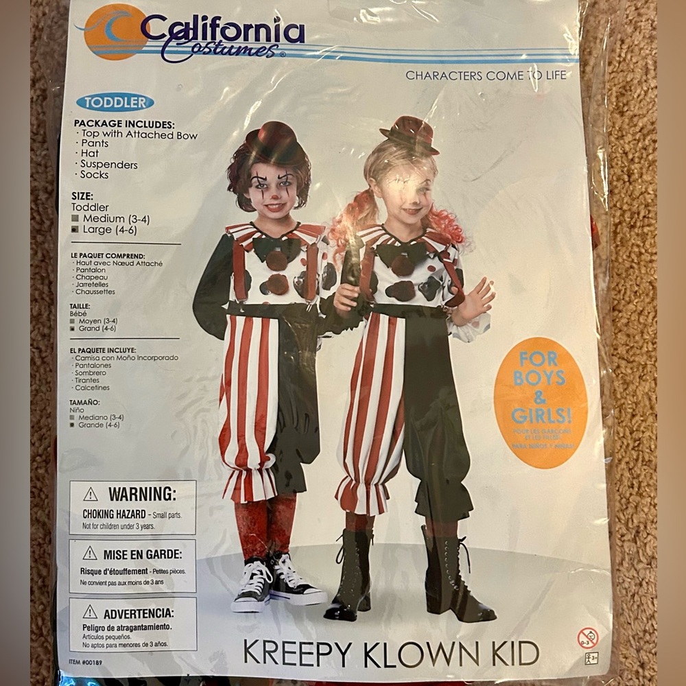 Creepy Evil Clown Halloween Costume boys or girls Toddler Size Large 4-6